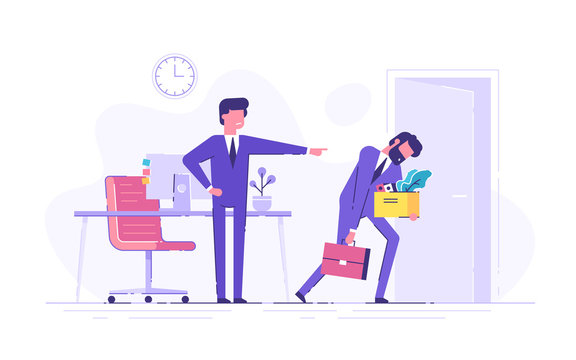 Angry oss dismisses employee. Fired sad man carrying box with his things. Dismissal, unemployment, jobless and employee job reduction concept. Flat vector illustration.