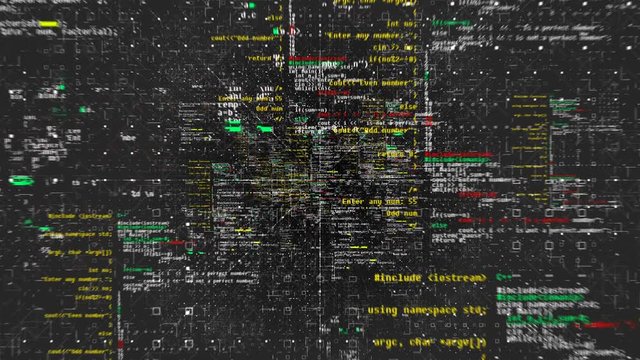 Blocks of abstract program code are written and moved in the virtual space. The camera flies through the computer code.