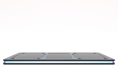 Pedestal for display. Mockup for design. Cyberpunk. Si-fi. 3d render. Black metal and blue neon.