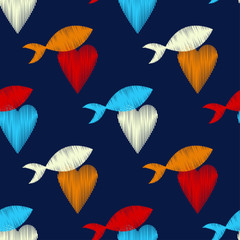 Seamless pattern with decorative hearts and fish with a dashed texture. Valentine's day. Vector illustration. Can be used for wallpaper, textile, invitation card, web page background.
