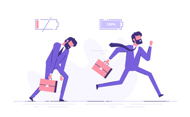 Cheerful businessman running with full of energy battery icon and tired businessman slowly walking with low energy battery icon. Business concept. Flat vector illustration.