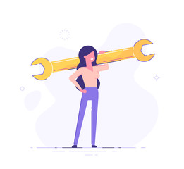 Сonfident businesswoman is holding a huge wrench. Technical support concept. Modern flat vector illustration.