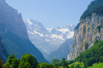Alpine peaks landskape. Lauterbrunnen, Jungfrau, Bernese highland. Alps, tourism, journey, hiking concept.