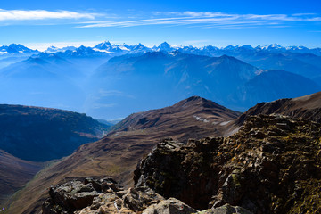 View on the Torrenthorn on a sunny autumn day, seeing the swiss alps, Switzerland / Europe