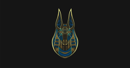 Gods of Ancient Egypt. Anubis Jackal-Headed god of funerals and death. Colorful digital lineart. Ancient logotype. Abstract hieroglyph. Egyptian poster. - obrazy, fototapety, plakaty
