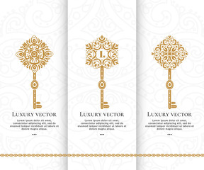 Vector key emblem. Elegant, classic elements. Can be used for jewelry, beauty and fashion industry. Great for logo, monogram, invitation, flyer, menu, brochure, postcard, background, or any idea.