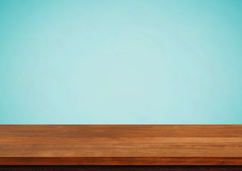 Empty wooden table top on blue background, Template mock up for display of product