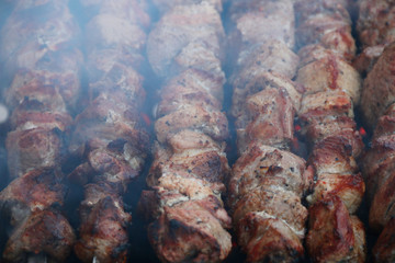 skewers with smoke background. BBQ meat kebab