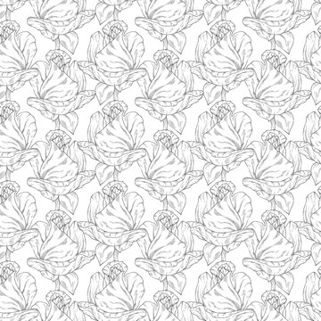 Seamless pattern. Plant in blossom, branch with flower ink sketch. Template for a business card, banner, poster, notebook, invitation, color book © josephine_art