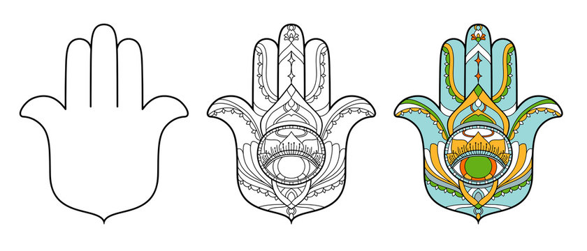 Hamsa icon set. Vector illustration is isolated on a white background. Esoteric protective amulet hand of Fatima. Decorative element with east motives for design