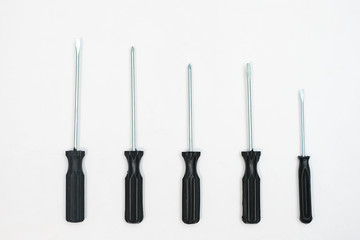 Top view of set of screwdrivers on white background
