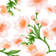 Hand drawn seamless background pattern Cherry Blossom peach plum sakura flower inspired by chinese Korean and Japan kimono yukata background backdrop watercolor gouache