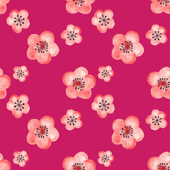 Hand drawn seamless background pattern Cherry Blossom peach plum sakura flower inspired by chinese Korean and Japan kimono yukata background backdrop watercolor gouache