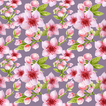 Hand drawn seamless background pattern Cherry Blossom peach plum sakura flower inspired by chinese Korean and Japan kimono yukata background backdrop watercolor gouache