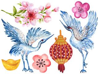 Watercolor Gouache Asian style and Chinese Japanese  new year elements hand paint