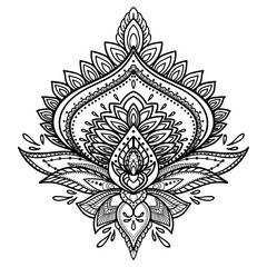 Filigree lotus flower, black vector handdrawn illustration