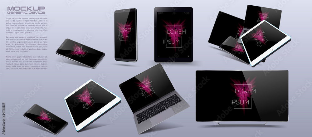 Poster vector minimalistic 3d isometric illustration set device. smartphone, laptop, tablet, tv perspective