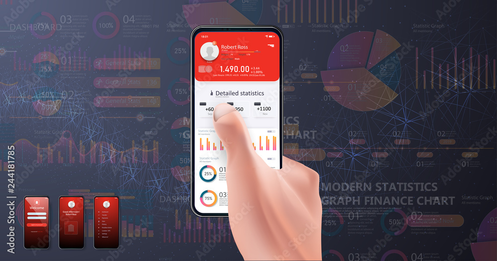  mobile dashboard on smartphone screen displaying statistics with data and charts. banking app ui kit