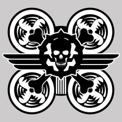 Drone and skull icon. Monochrome image of the technical device and part of the human body.