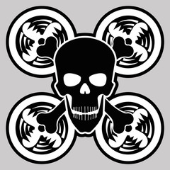 Drone and skull icon. Monochrome image of the technical device and part of the human body.