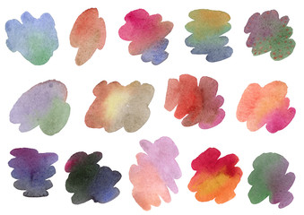 Decorative watercolor elements. Art fragments for creativity. Abstract colored, colorful spots.