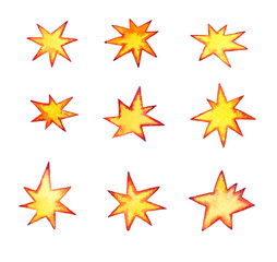 Fototapeta premium Decorative watercolor elements. Art fragments for creativity. Yellow animated stars with sharp rays.