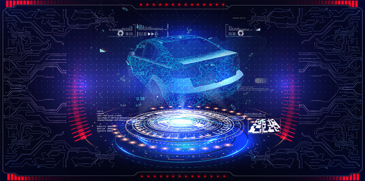 Futuristic car cockpit and touch screen. Autonomous car.  HUD(Head up display). GUI(Graphical User Interface) 