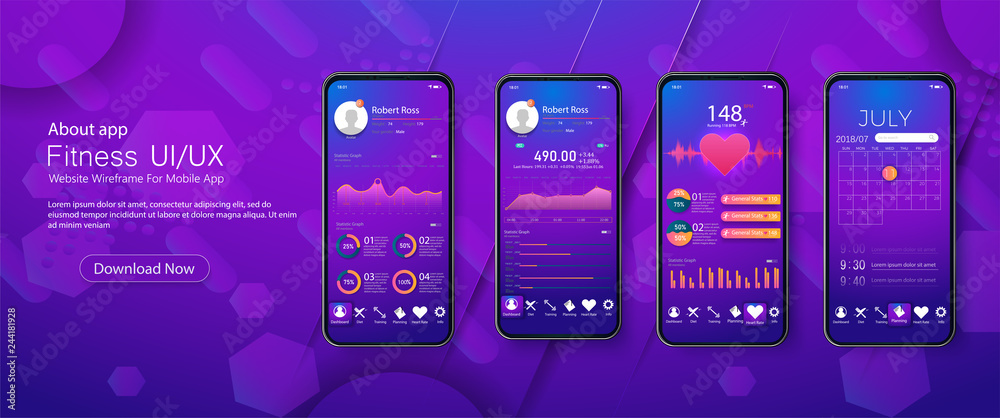Fototapete Different UI, UX, GUI screens fitness app and flat web icons for mobile apps, responsive website including. Web design and mobile template. Fitness Dashboard - stock vector
