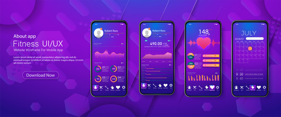 Different UI, UX, GUI screens fitness app and flat web icons for mobile apps, responsive website including. Web design and mobile template. Fitness Dashboard - stock vector - obrazy, fototapety, plakaty