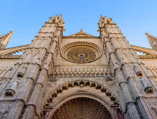 Sightseeing of Mallorca. La Seu, the gothic medieval cathedral of Palma de Mallorca, details of the facade and the main entrance, Mallorca island, Balearic Islands, Spain