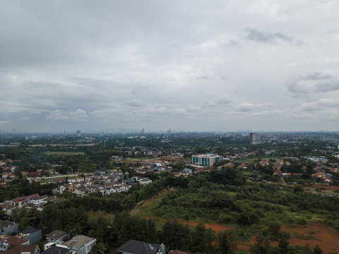 Aerial view of park and buildings around BSD city, Tangerang, Indonesia.