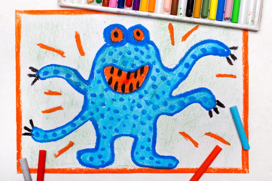 Colorful drawing: Cute blue monster with four hands ona orange eyes