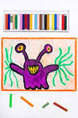 Colorful drawing: Cute purple monster with funny eyes