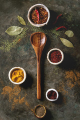 Spices seasoning and herbs variety in ceramic bowls. Different ground peppers, chili pepper, turmeric, bay leaf, cinnamon and wooden spoon over dark metal background. Flat lay, space. Cooking concept