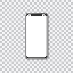 Beautiful realistic vector of a modern black colored smartphone on transparent background with white screen template showing time, battery life, wifi and a mobile signal.