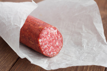stick of smoked sausage on the table