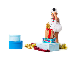 Adorable little baby dressed like a snowman at Christmas parties on isolated white background