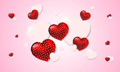 valentines day background with realistic red and white hearts