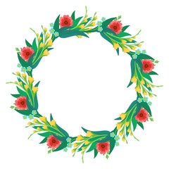 Round flower wreath with bright flowers and leaves. Greeting card, vector banner,  invitation
