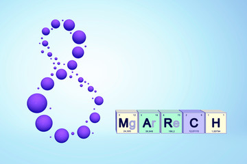 8 March greeting postcard scientific theme, chemistry. Decorative flying balls molecules, elements periodic table, 3d rendering. Happy Women's Day.