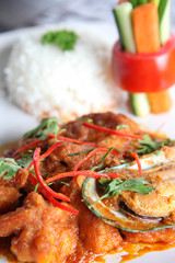 Fried spicy seafood Jasmine rice and vegetables Thai style