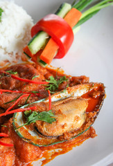 Fried spicy seafood Jasmine rice and vegetables Thai style