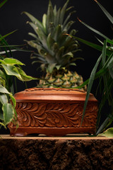 Wooden box on the background of tropical plants and pineapple. A treasure box.