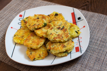 Potato pancakes with green onions. Draniki - potato fritters. The naitonal dish of Belarus, Ukraine and Russia. Potato zucchini cakes.