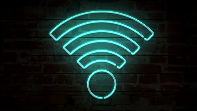 Wi-fi neon symbol on brick wall. Internet zone sign light on brick wall background. Retro style glowing hotspot icon 3D animation.