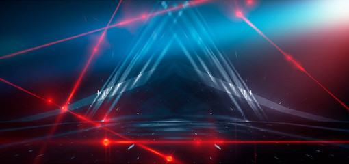 Abstract blue background with neon light, tunnel, corridor, red laser beams, smoke, rays, lines. Product showcase spotlight background. Clean photographer studio. Abstract blue background 