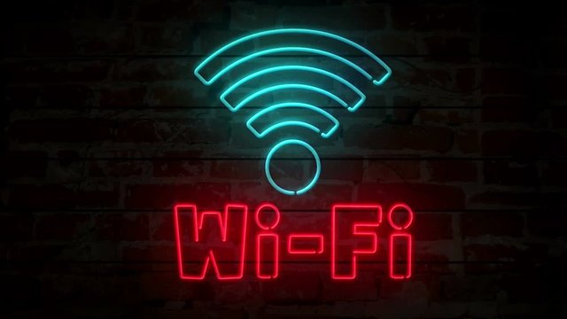 Wi-fi neon symbol on brick wall. Internet zone sign light on brick wall background. Retro style glowing icon 3D animation.