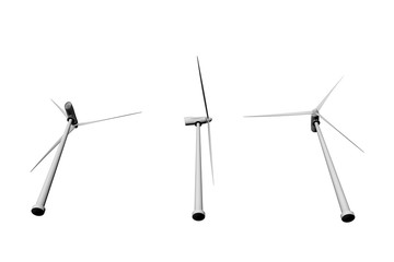 Wind power industrial illustration of 3 wind turbines view from bottom isolated on white background, 3D illustration