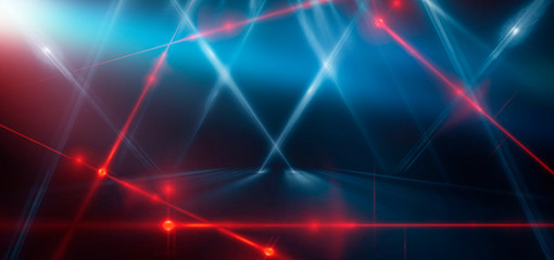 Abstract blue background with neon light, tunnel, corridor, red laser beams, smoke, rays, lines. Product showcase spotlight background. Clean photographer studio. Abstract blue background 