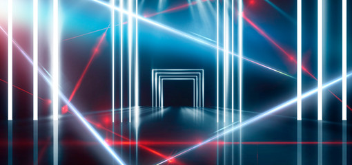Abstract blue background with neon light, tunnel, arch, corridor, red laser beams, smoke. Light arch. Abstraction of blue with neon, rays, lines.